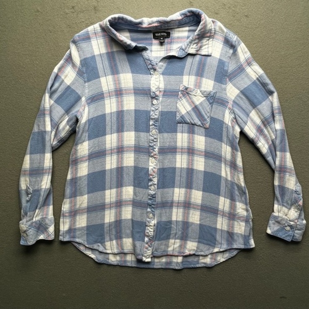 Well Worn Blue White Pink Plaid Button Up Long Sleeve Shirt Top Women's Medium